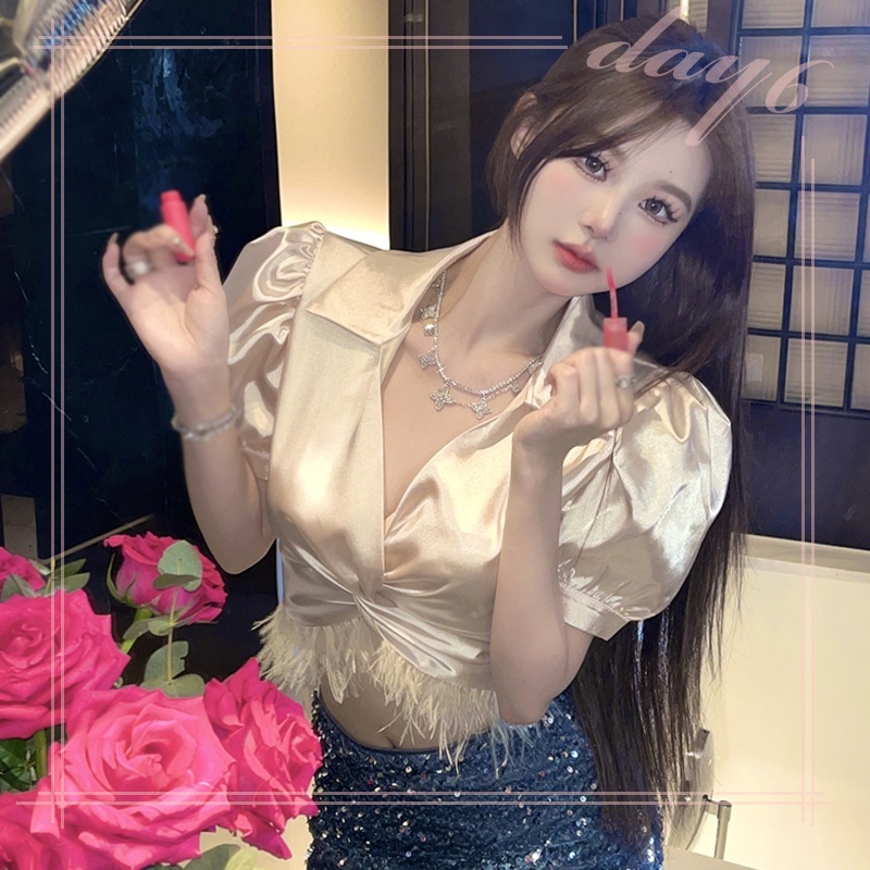 Áo Croptop Tay Ngắn Chất Satin Phối Tua Rua Thời Trang Cho Nữ