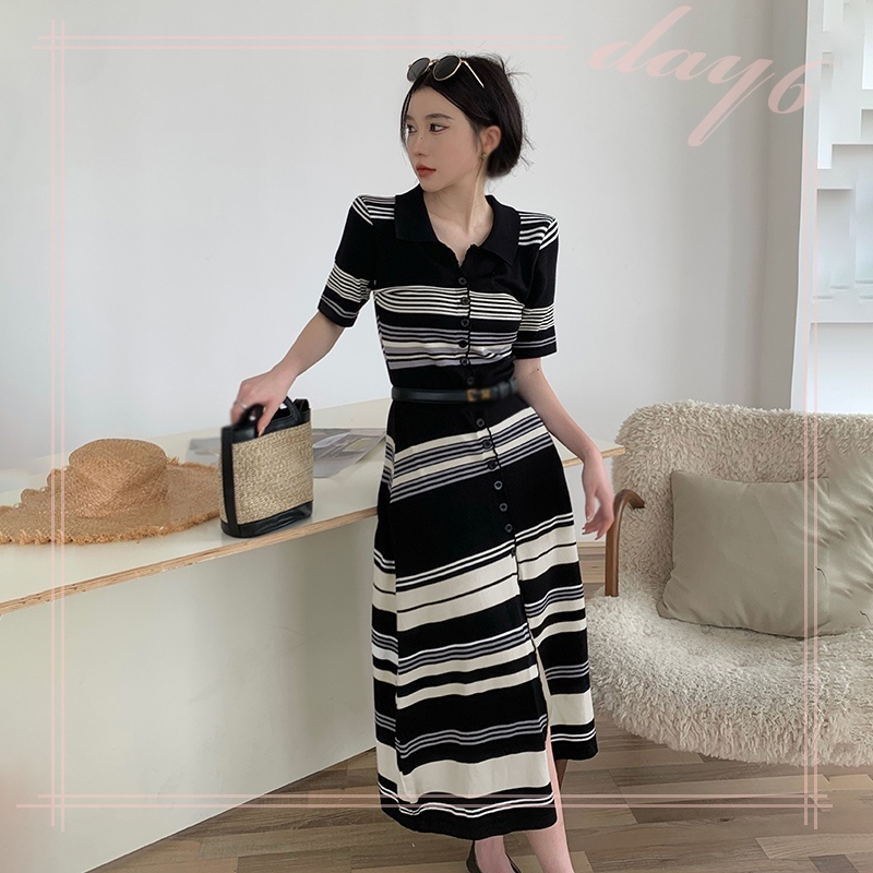 Đầm Dệt Kim Tay Ngắn Cổ Chữ V Họa Tiết Kẻ Sọc Thời Trang Hàn Quốc Xinh Xắn Cho Nữ