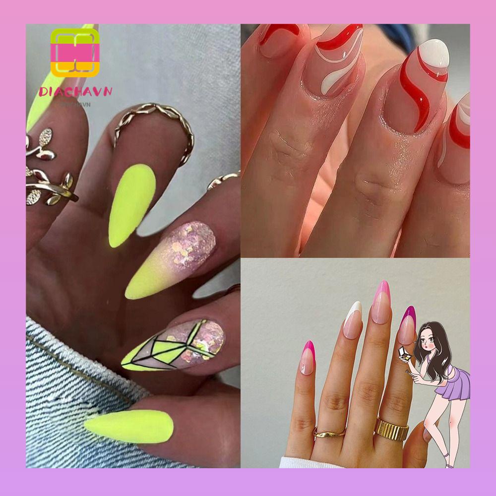 Bộ 24 Móng Tay Giả Che Phủ Toàn Diện Màu Đỏ Đính Đá Xinh Xắn