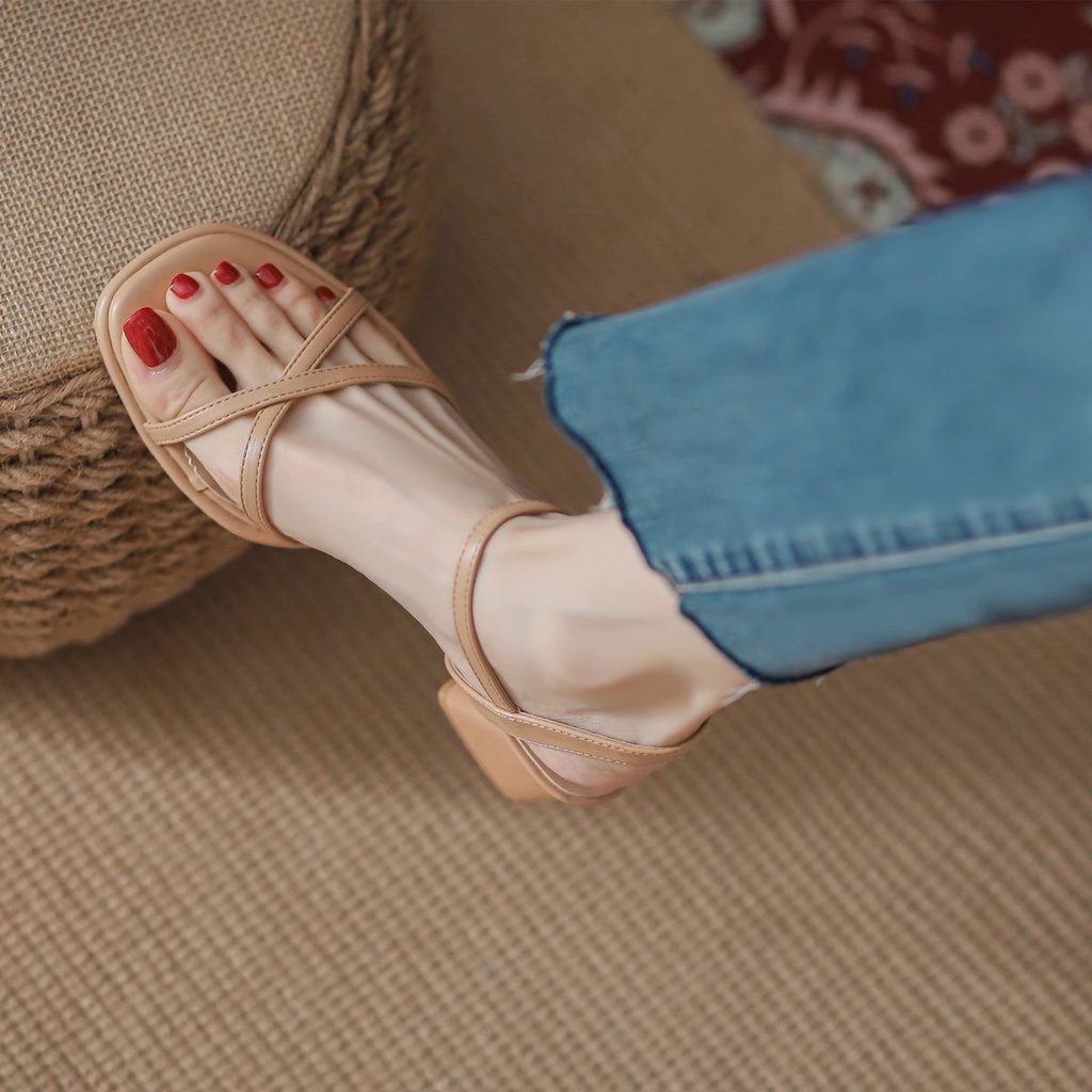 Duoya Tóc Thẳng ~ [Hàng Có Sẵn] Giày Cao Gót Da Mềm Dây Đan Chéo Màu Mơ Đơn Giản Cho Nữ Miễn Phí Vận Chuyển