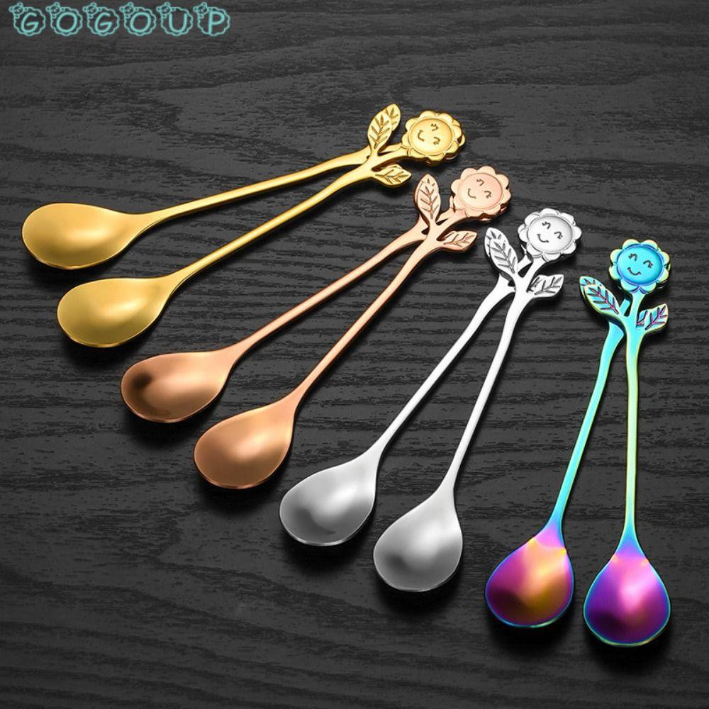 Muỗng Cà Phê Bằng Thép Không Gỉ Cán Dài Hình Hoa Hướng Dương Mặt Cười