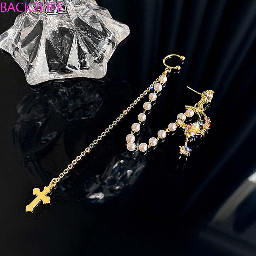 Khuyên Kẹp Vành Tai BACK2LIFE Nhiều Màu Sang Trọng|Bông Tai Chuỗi Ngọc Trai Hình Mặt Trăng Thời Trang