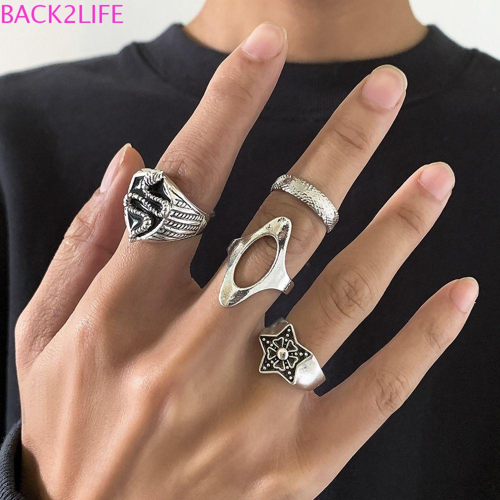 Set 2 Nhẫn Hình Rắn Đơn Giản Cổ Điển Cho Nam Và Nữ|Nhẫn Hở Bản Rộng Hình Đầu Lâu Kim Loại Phong Cách Dân Tộc Cho Nam