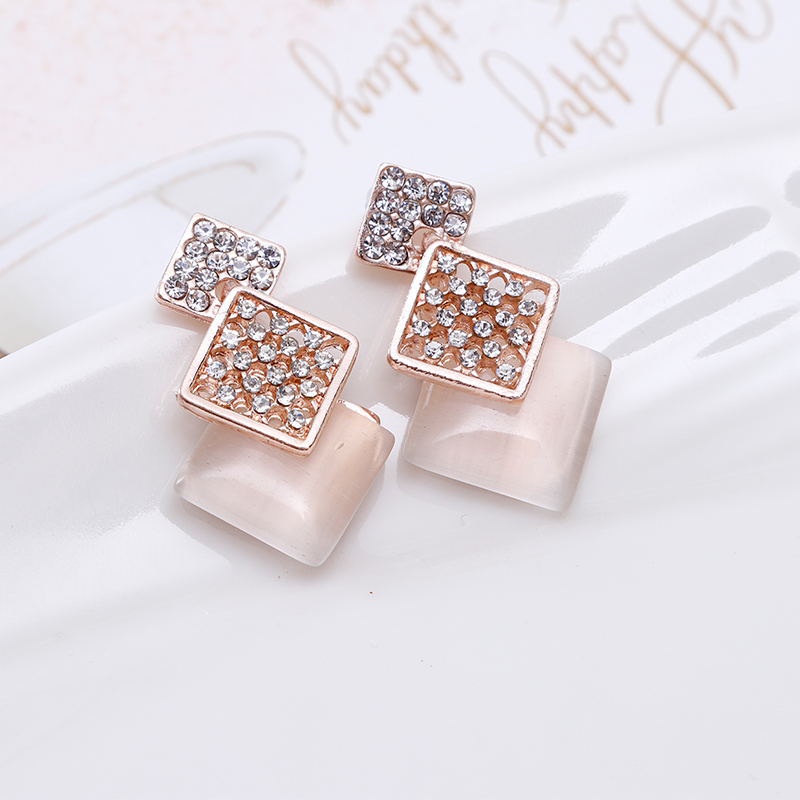 Bộ Vòng cổ + Đôi Khuyên Tai Mặt Vuông Đính Đá Opal Thời Trang Cho Nữ