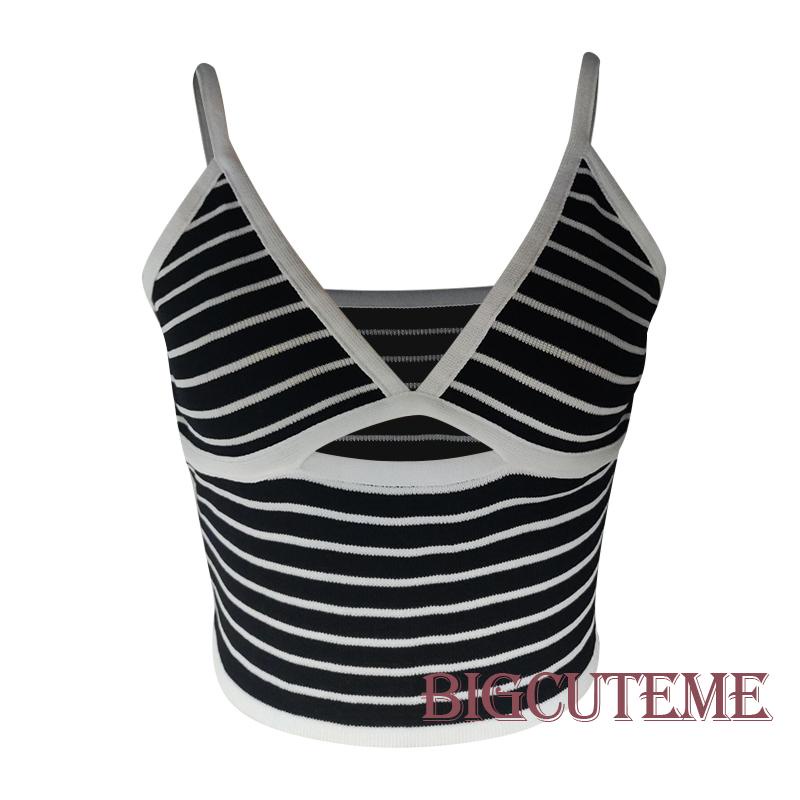 Áo Hai Dây Cổ Chữ V Khoét Sâu Họa Tiết Kẻ Sọc Cho Nữ