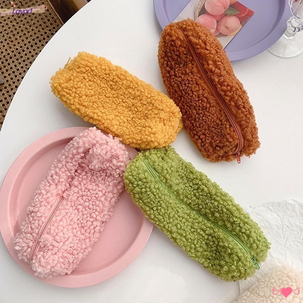 LAYOR1 Set 1 / 2 Túi Đựng Bút / Đồ Trang Điểm Phủ Lông Có Khóa Kéo