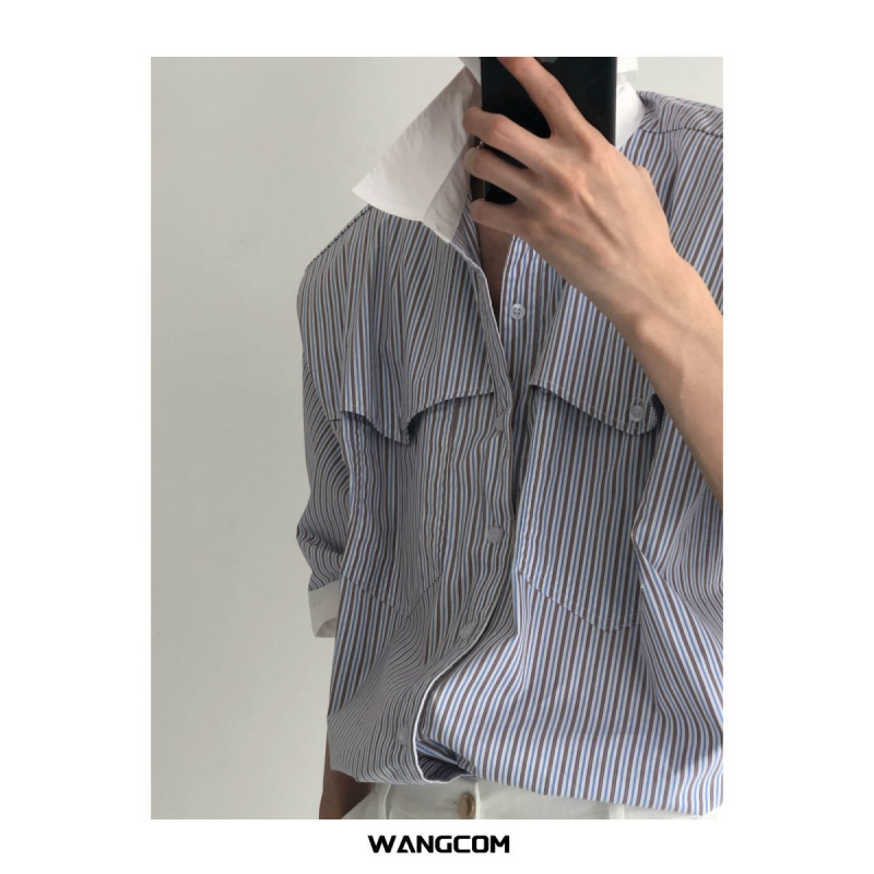 Áo Sơ Mi Tay Ngắn Dáng Rộng Kẻ Sọc Màu Sắc Tương Phản Thời Trang Mùa Hè Cho Nam