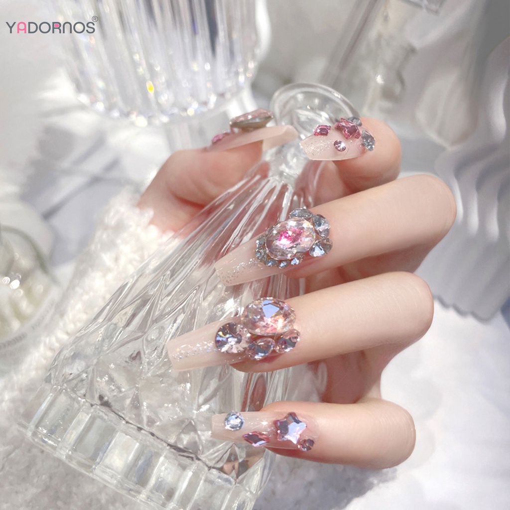 YADORNOS Móng Tay Giả Siêu Dẻo Đính Đá Trái Tim Màu Hồng Xinh Xắn