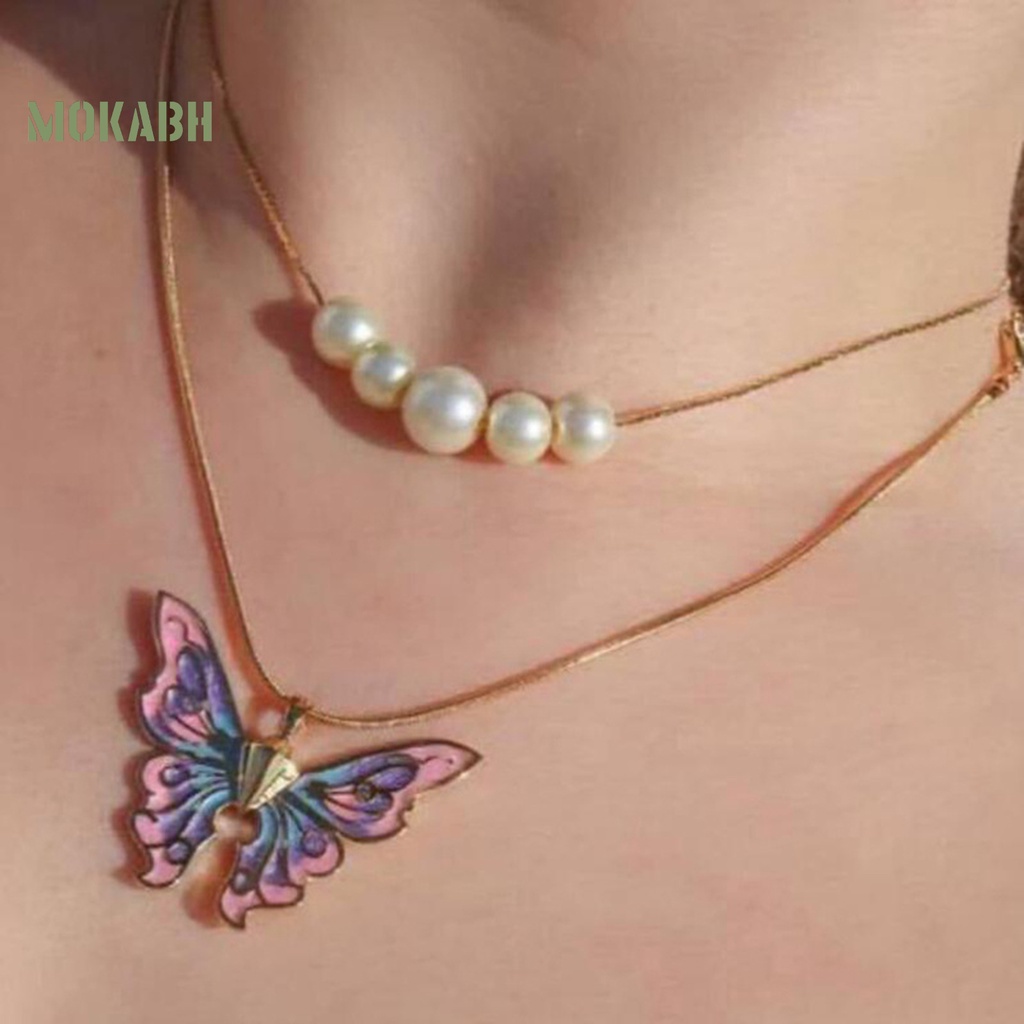 [Mok Abh] Vòng cổ Nhiều Lớp Mặt Hình Bướm Và Ngọc Trai Nhân Tạo Thời Trang Dành Cho Nữ