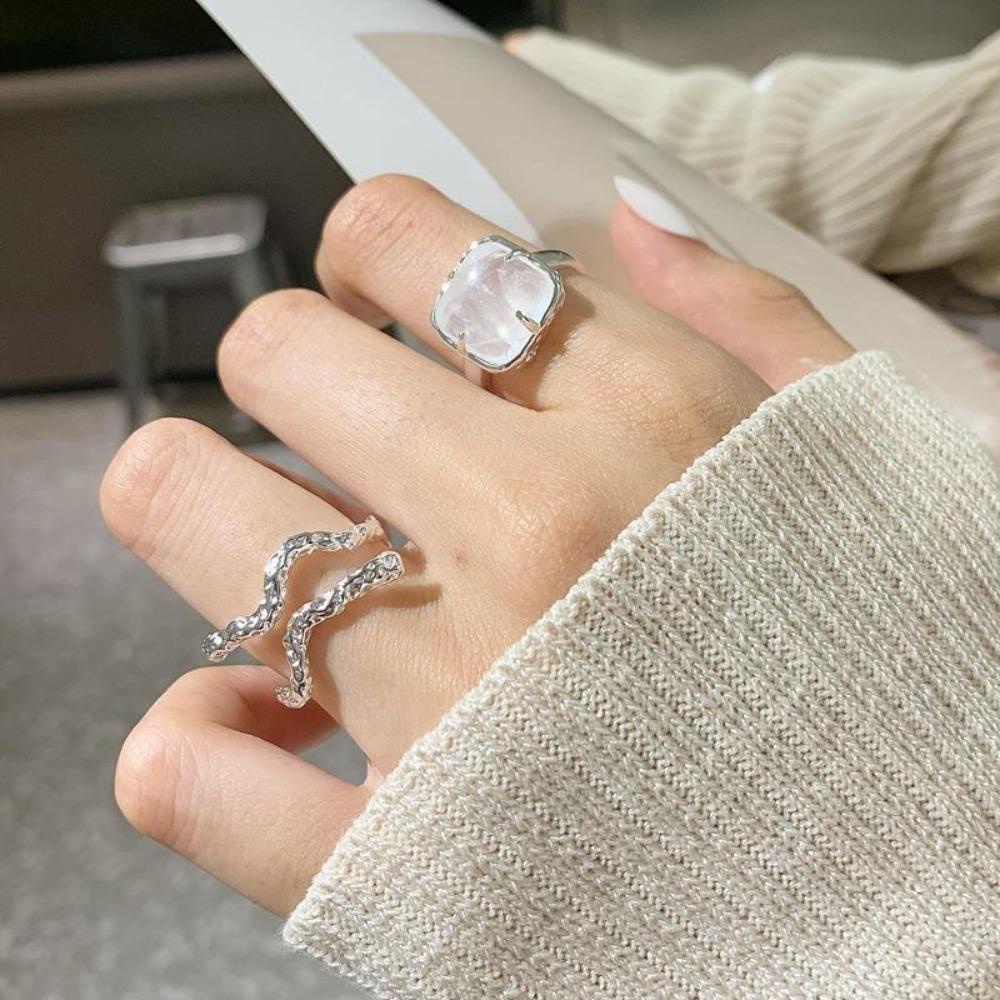 MXGOODS Nhẫn Hở Hình Vuông Hai Đường Kẻ Độc Đáo Có Thể Điều Chỉnh Kích Thước Cho Nữ