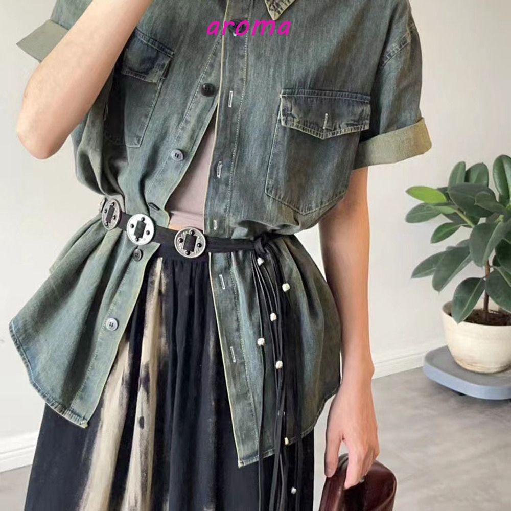 AROMA Thắt Lưng Bện Dây Tua Rua Đính Đá Phong Cách Bohemian Cổ Điển Dễ Phối Đồ