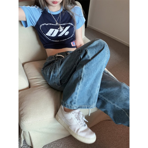 NZN Vintage lỏng lẻo dây rút co giãn thắt lưng hàng hóa quần thẳng chân rộng quần jean nữ