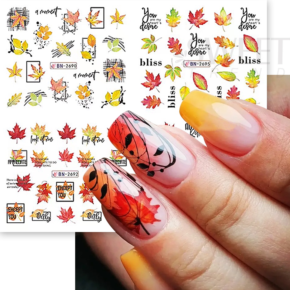 Set 12 Miếng Dán Trang Trí Móng Tay Hình Lá Phong Halloween