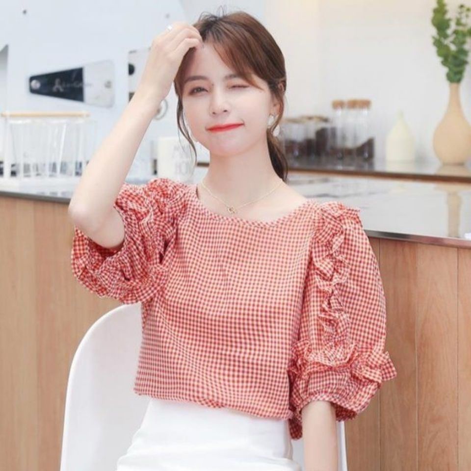 Áo Kiểu Ngắn Tay Cổ Tròn Họa Tiết Sọc Caro Thời Trang Mùa Hè Cho Nữ
