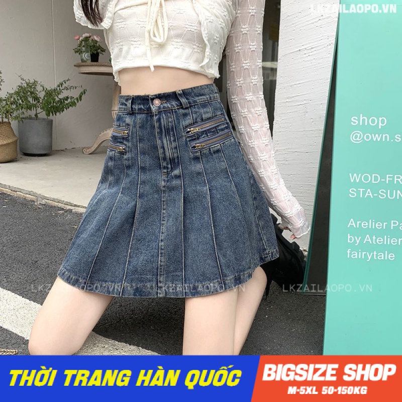 Chân váy bò ngắn Bigsize chân váy nữ jean lưng cao chữ a xếp ly mùa hè Phong Cách hàn quốc đẹp Thanh Lịch cho nữ