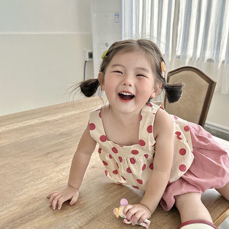 Hàng Mới Về Set Áo Thun Không Tay Chấm Bi Và Quần Short Chấm Bi Thời Trang Mùa Hè Cho Bé Gái