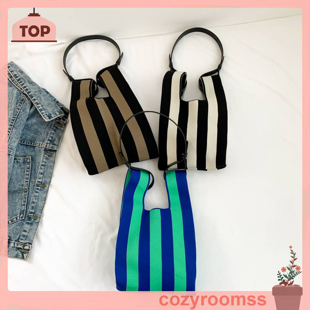 Túi Tote Đan Len Họa Tiết Sọc Tương Phản Thời Trang Cho Nữ