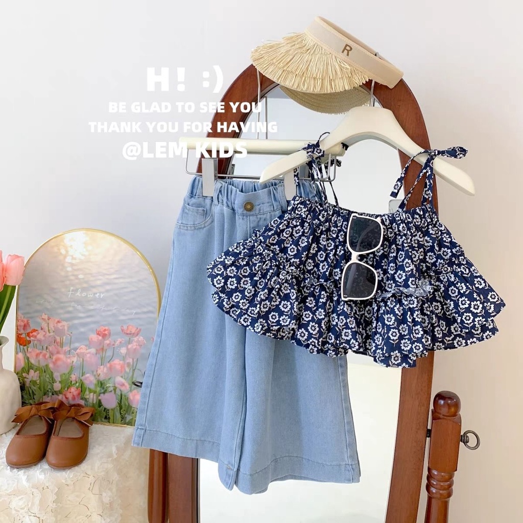 Aiyaya đồ bé gái Áo dây hoa + Bộ quần jean bé gái thời trang trẻ em