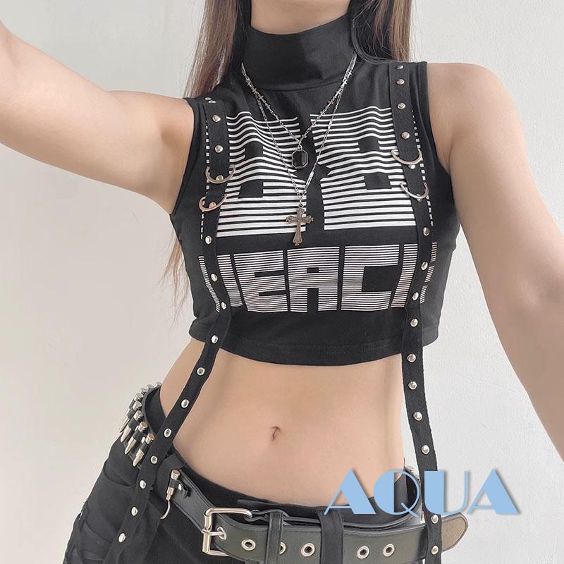 Áo Croptop Sát Nách Cổ Lọ Phối Ruy Băng In Chữ Phong Cách Hip Hop Thời Trang Mùa Hè Cho Nữ