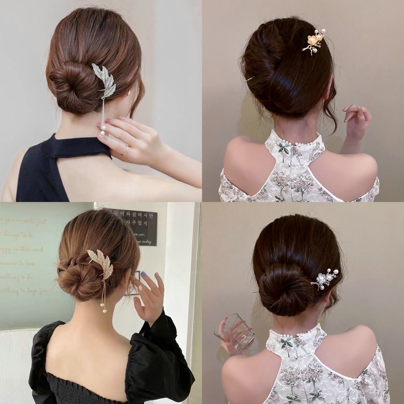 Kẹp Tóc Kim Loại Hình Chữ U Họa Tiết Hoa Bướm Phối Tua Rua Thời Trang