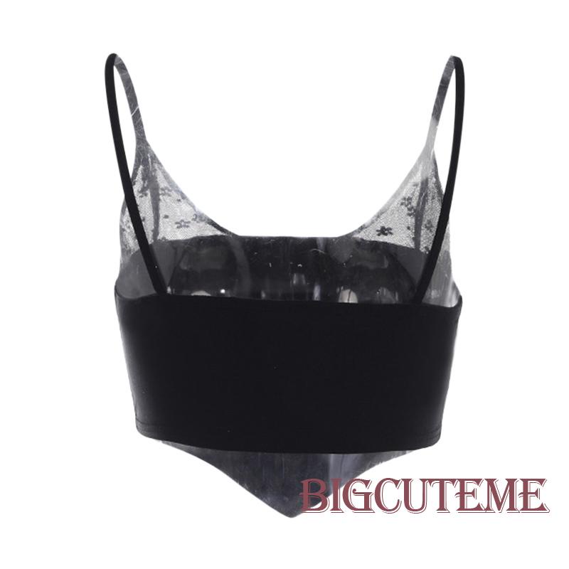 [] - Áo Crop Top Phối Lưới In Hoa Thắt Nơ Tương Phản Co Giãn Cho Nữ Đen
