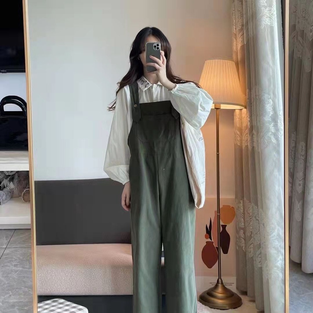 Bộ Áo Sơ Mi Dáng Rộng + Quần Yếm Thời Trang Công Sở Nhật Hàn