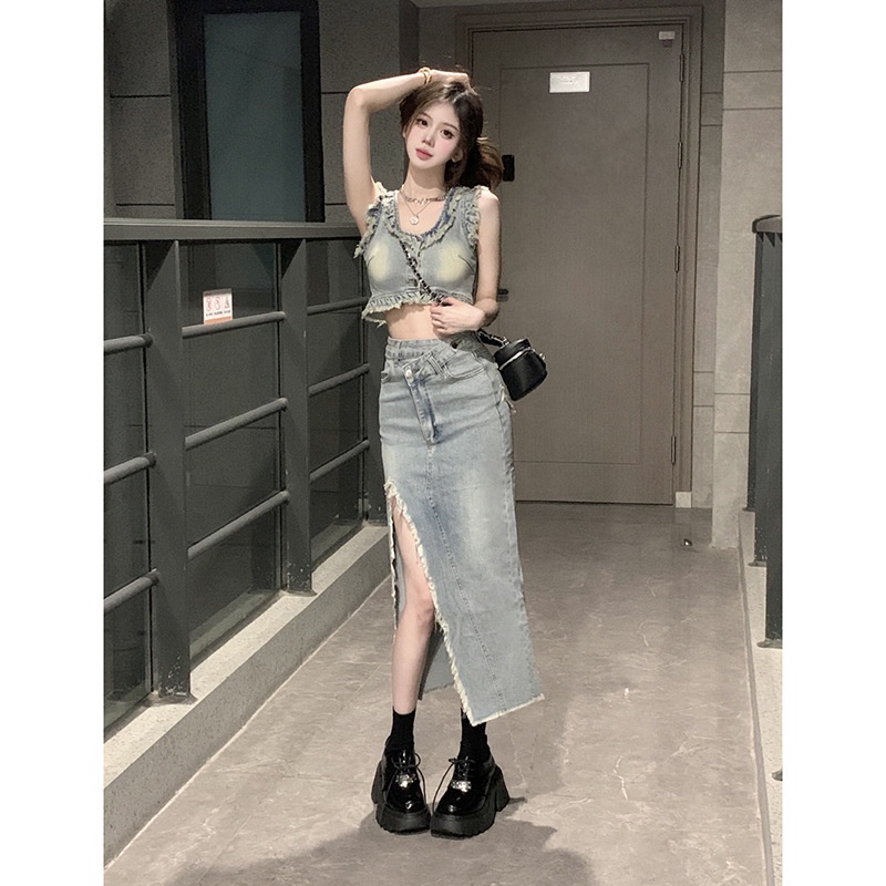 Set Áo Denim Sát Nách Phối Chân Váy Lưng Cao Xẻ Tà Thời Trang Mùa Hè Xinh Xắn Cho Nữ