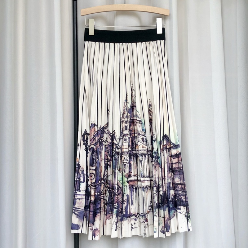 Chân Váy Chữ a Xếp Ly Kẻ Sọc In Hình Lâu Đài Thời Trang
