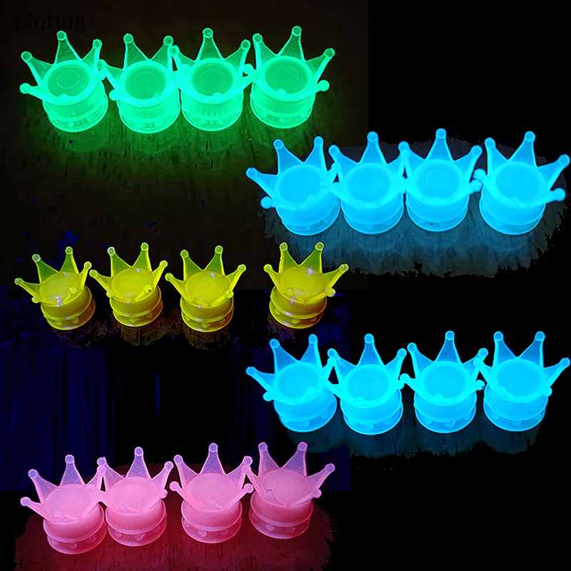 Piqt set 4 Nắp Van Bánh Xe Hơi / Xe Tải / Xe Máy Hình Vương Miện Dạ Quang Thông Dụng