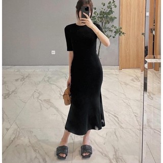 Đầm thun đuôi cá tay ngắn cổ tròn đơn giản thanh lịch