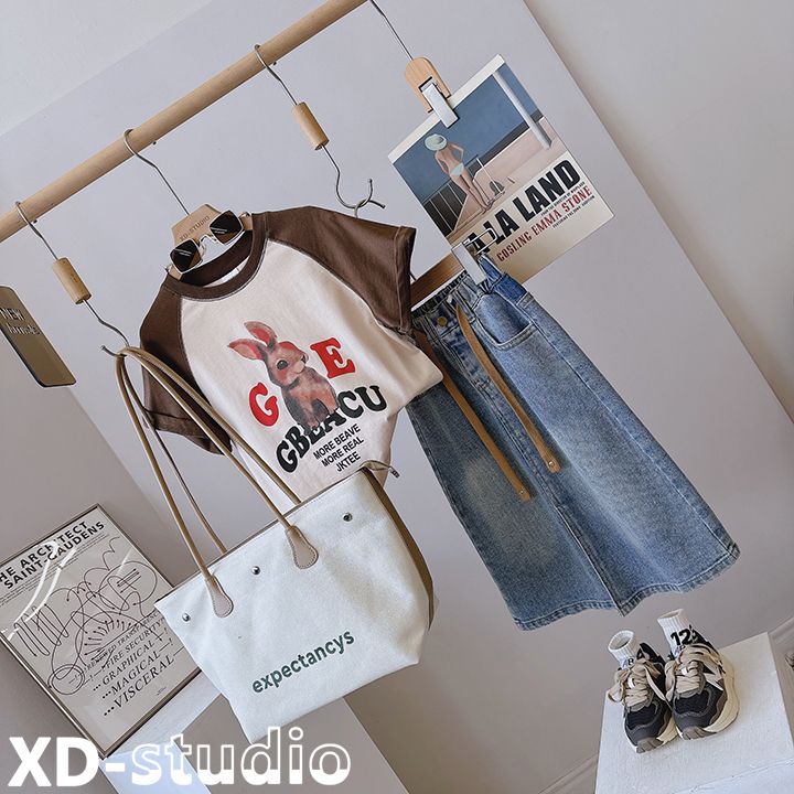 Set Áo Thun Ngắn Tay + Chân Váy Denim Mỏng Thời Trang Mùa Hè Phong Cách Mới Cho Bé Gái