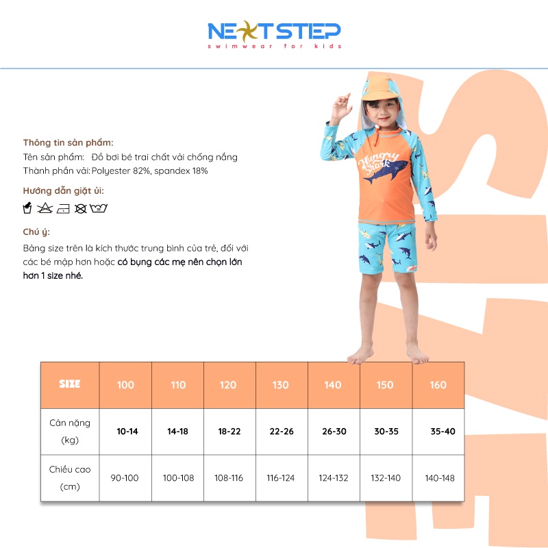 Đồ bơi bé trai họa tiết Cá Mập tay dài kèm nón chống nắng có size cho bé từ 10kg đến 40kg