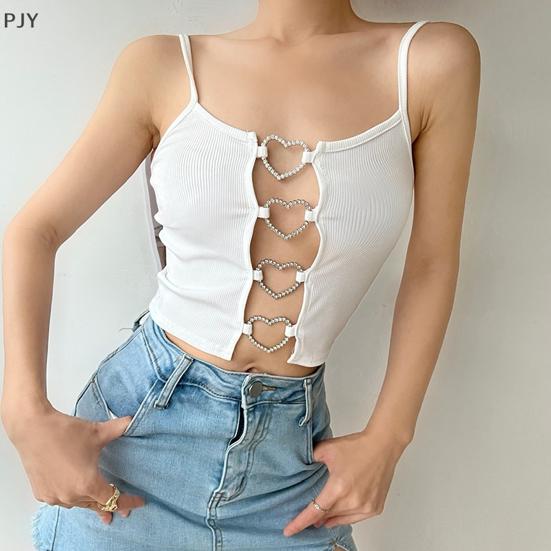 Pjy Y2k s Áo Crop Top Không Tay Khoét Lỗ Phối Vòng Kim Loại Gợi Cảm PJ