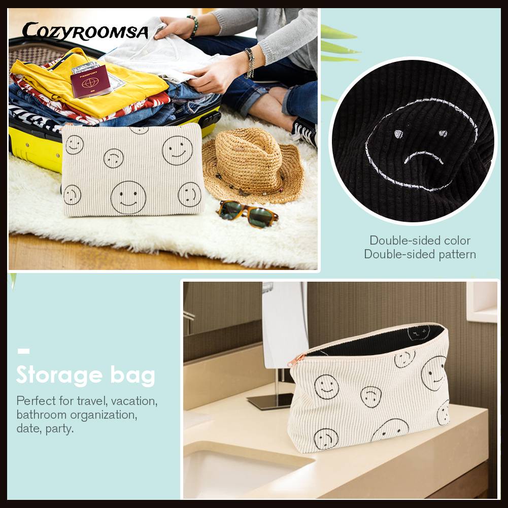 Túi Đựng Mỹ Phẩm Hai Mặt Bằng Vải Nhung Kẻ Dễ Thương Xinh Xắn