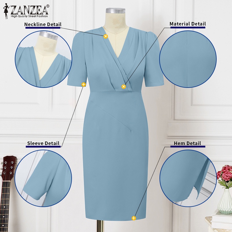 ZANZEA Đầm Nữ Ngắn Tay Cổ Chữ V Xếp Ly Thời Trang Hàn Quốc