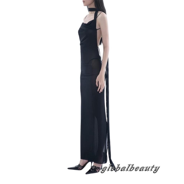 Đầm Hai Dây Dáng Ôm Dài Màu Trơn Nhìn Xuyên Thấu Gợi Cảm Cho Nữ