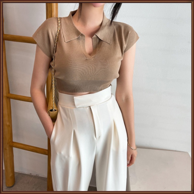 Áo Croptop Dệt Kim Tay Ngắn Màu Sắc Đơn Giản Thời Trang Mùa Hè Cho Nữ