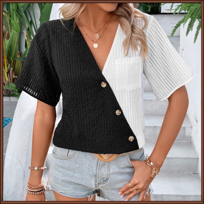 Áo Dệt Kim Tay Ngắn Cổ Chữ V Màu Sắc Tương Phản Thời Trang Cho Nữ