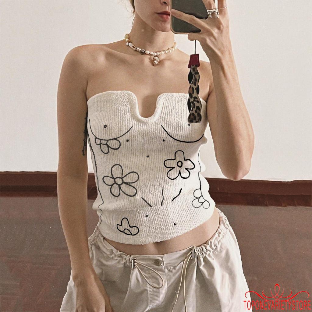 Áo Croptop Dệt Kim Cổ Chữ U Thêu Họa Tiết Thời Trang Cho Nữ