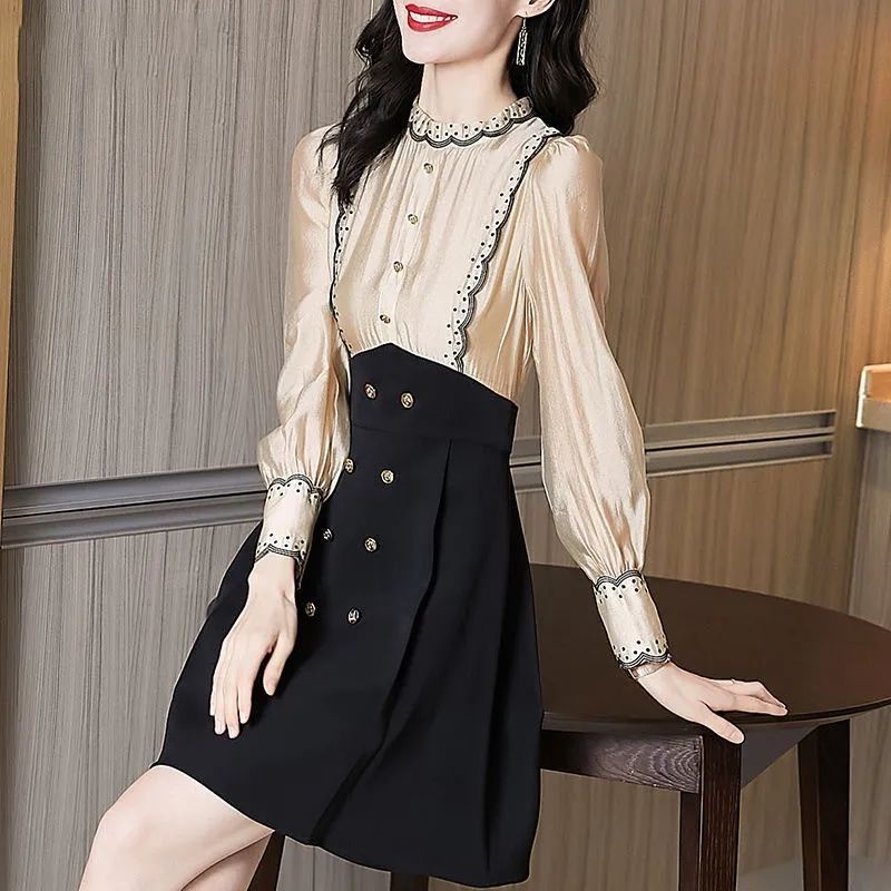 Đầm Sơ Mi Chữ a Tay Dài Ôm Eo Phong Cách Pháp Cổ Điển Thời Trang Mới Cho Nữ