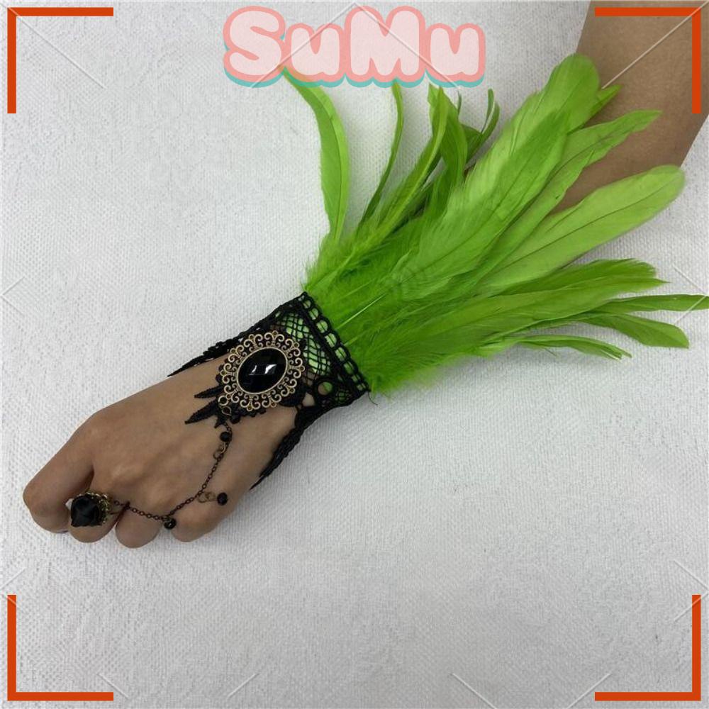 SUMU Găng Tay Hở Ngón Hóa Trang Phối Ren Lông Vũ Y2k Phong Cách Steampunk Cổ Điển