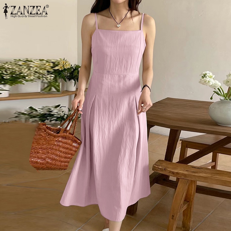 Zanzea Đầm Yếm Cổ Vuông Xếp Ly Không Tay Phong Cách Hàn Quốc Dành Cho Nữ