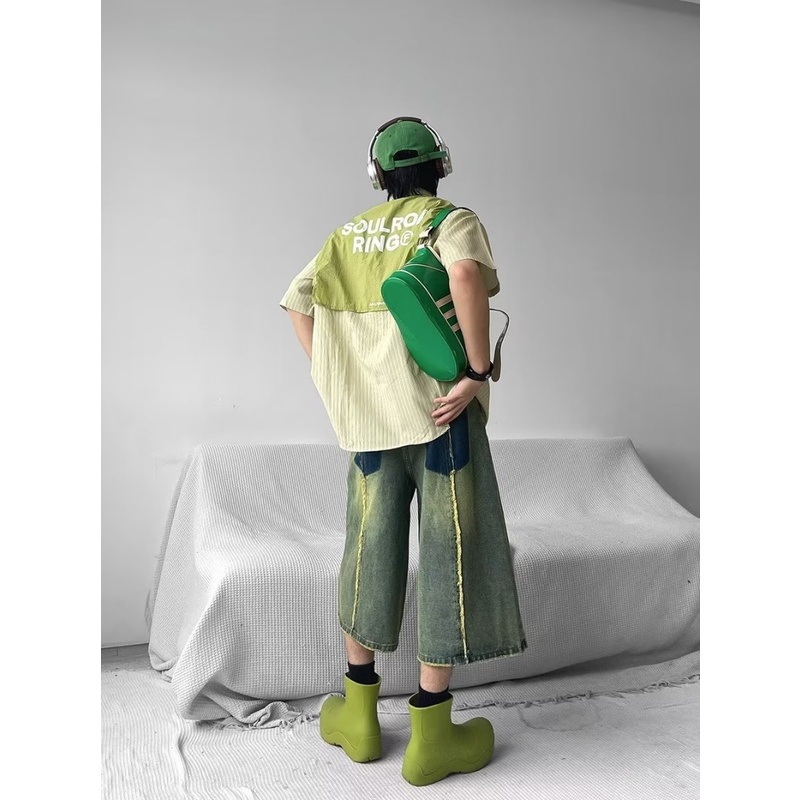 Áo Sơ Mi Giả Hai Lớp Tay Ngắn Kẻ Sọc Màu Sắc Tương Phản Phong Cách Retro Dành Cho Nam Giới