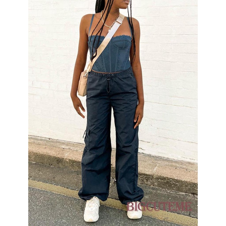 Quần Baggy Lưng Vừa Màu Trơn Có Túi Thời Trang Đường Phố Cho Nữ