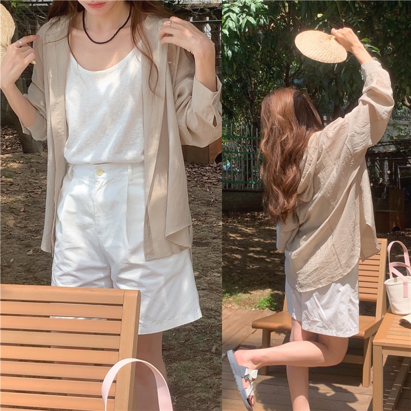 SUXI Áo Sơ Mi Chống Nắng Tay Dài Có Mũ Trùm Kiểu Hàn Quốc Dễ Phối Đồ