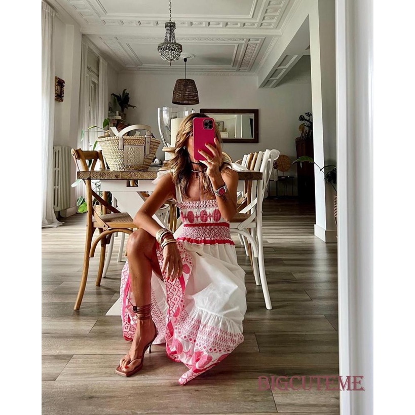 Đầm Dài Không Tay Hở Lưng Cột Dây In Họa Tiết Phong Cách Bohemian Thời Trang Cho Nữ