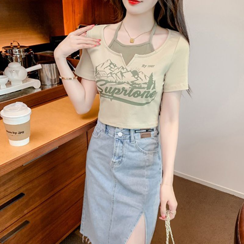 Áo Thun Ngắn Tay Giả Hai Lớp Phong Cách Mới Cho Nữ