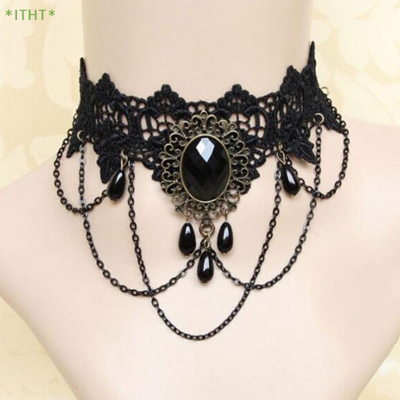 Vòng Cổ Choker Ren Màu Đen Đính Đá Phong Cách Gothic Quyến Rũ Mới