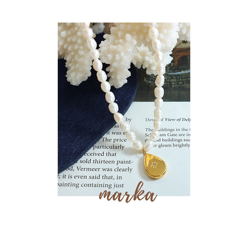 Vòng cổ Mặt Hình Giọt Nước Dát Đá Zircon Ngọc Trai Phong Cách Pháp Lãng Mạn