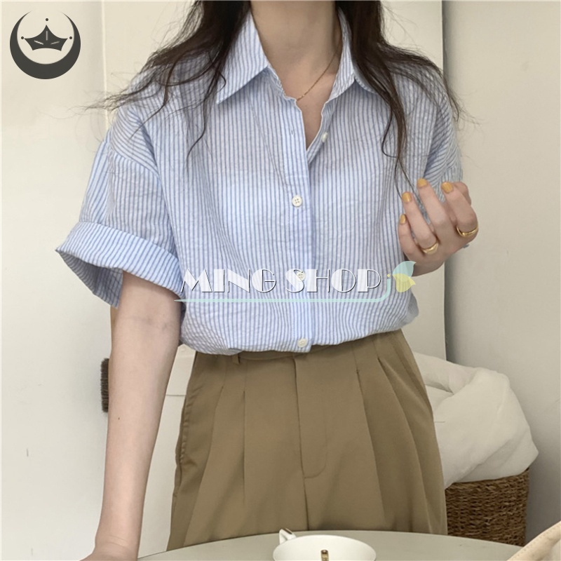 Áo Sơ Mi Ngắn Tay Họa Tiết Sọc Thời Trang Dành Cho Nữ